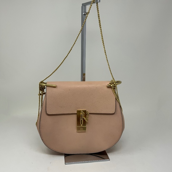 Chloe Drew Genuine Leather Foldover Crossbody Saddle Purse Bag Pink Cream Gold - Picture 1 of 8